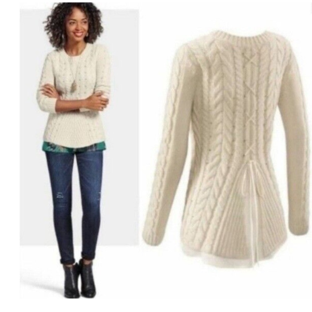 Beige Cabi cream lace up cable knit sweater